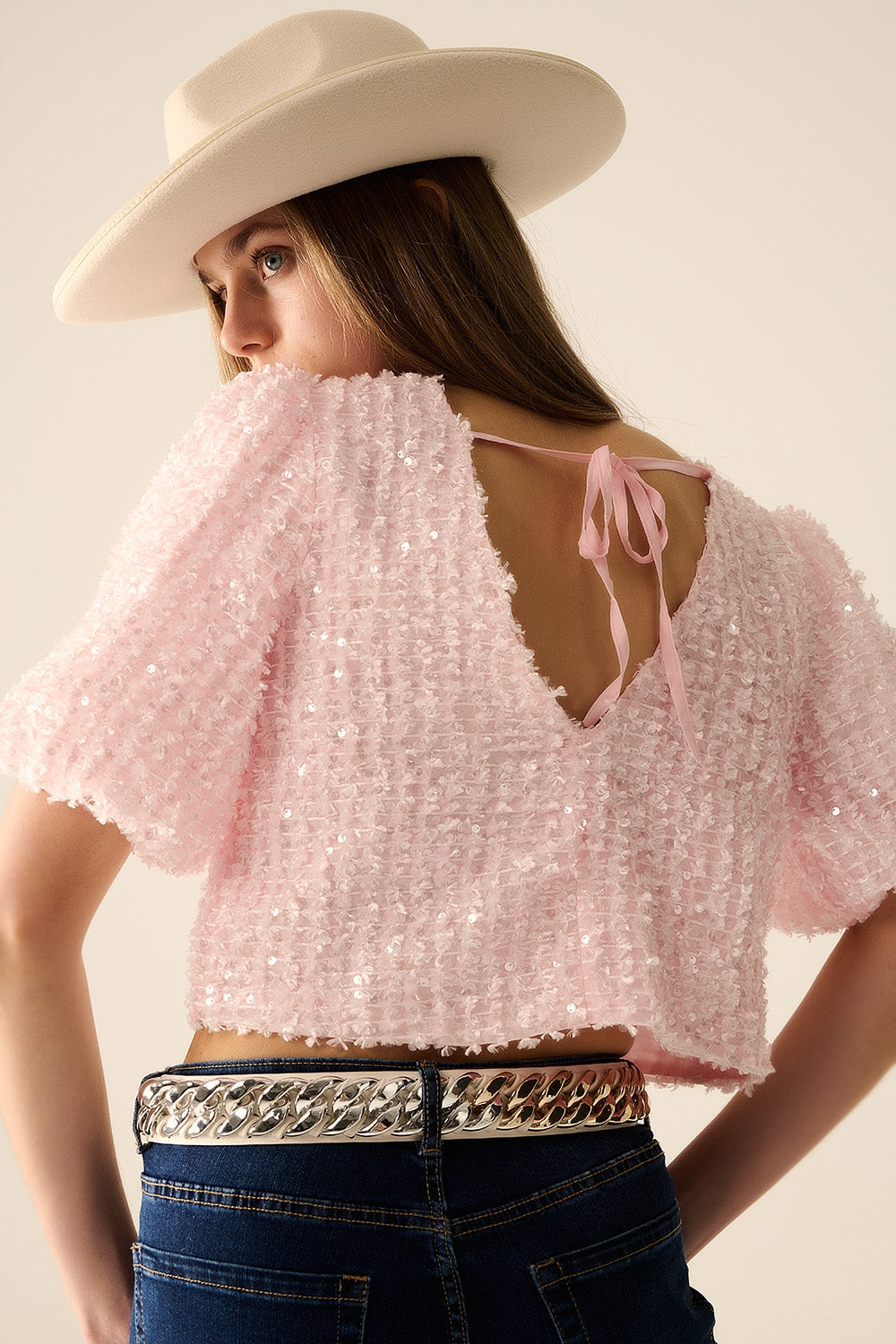 Pink top with sequin detail and balloon sleeves Q2store