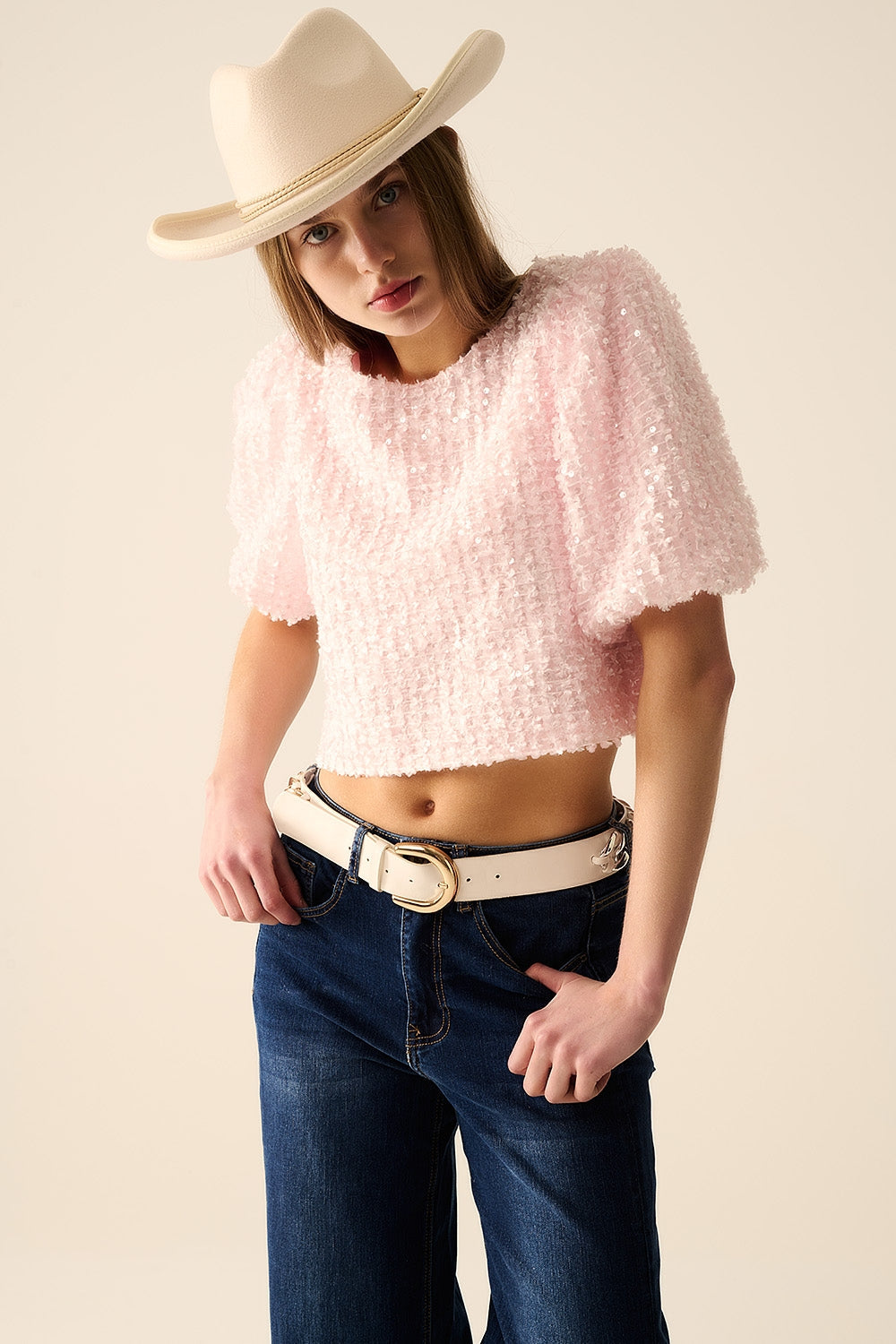 Pink top with sequin detail and balloon sleeves Q2store
