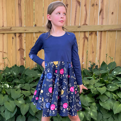 "Night Lights" Planets and Moons Super Twirler Dress with Pockets Princess Awesome & Boy Wonder