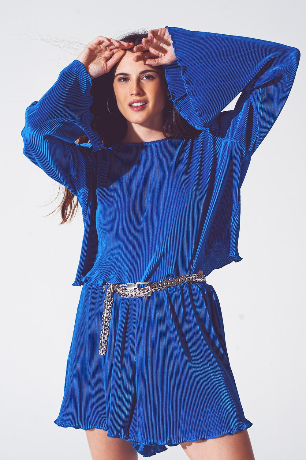 Pleated Round Neck Crop Top in Blue Q2store