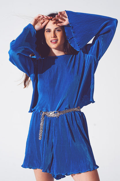 Pleated Round Neck Crop Top in Blue Q2store