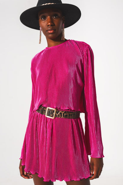 Pleated round neck crop top in fuchsia Q2store