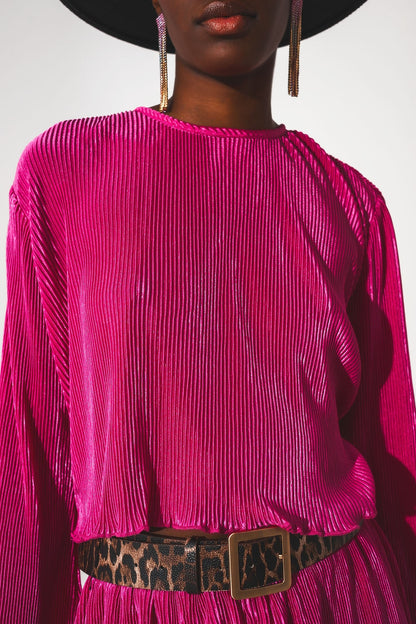 Pleated round neck crop top in fuchsia Q2store