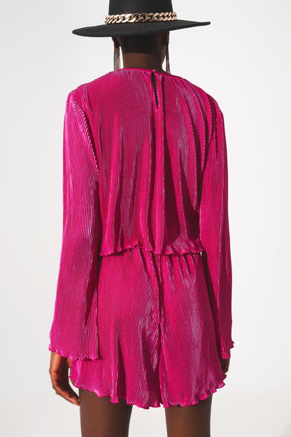 Pleated round neck crop top in fuchsia Q2store