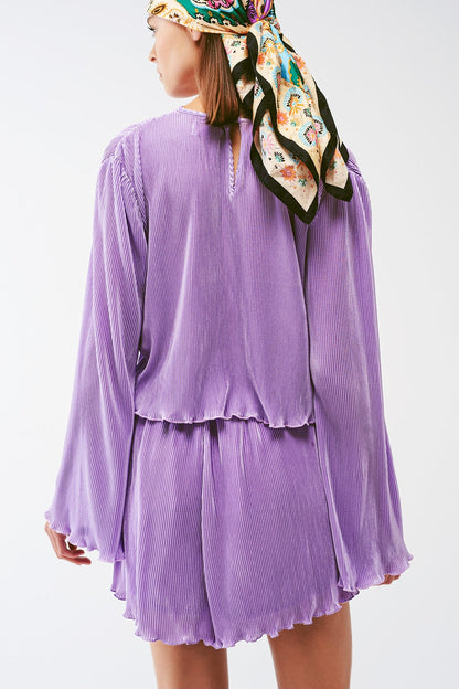 Pleated Round Neck Crop Top in lilac Q2store