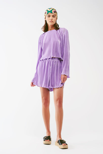 Pleated Round Neck Crop Top in lilac Q2store