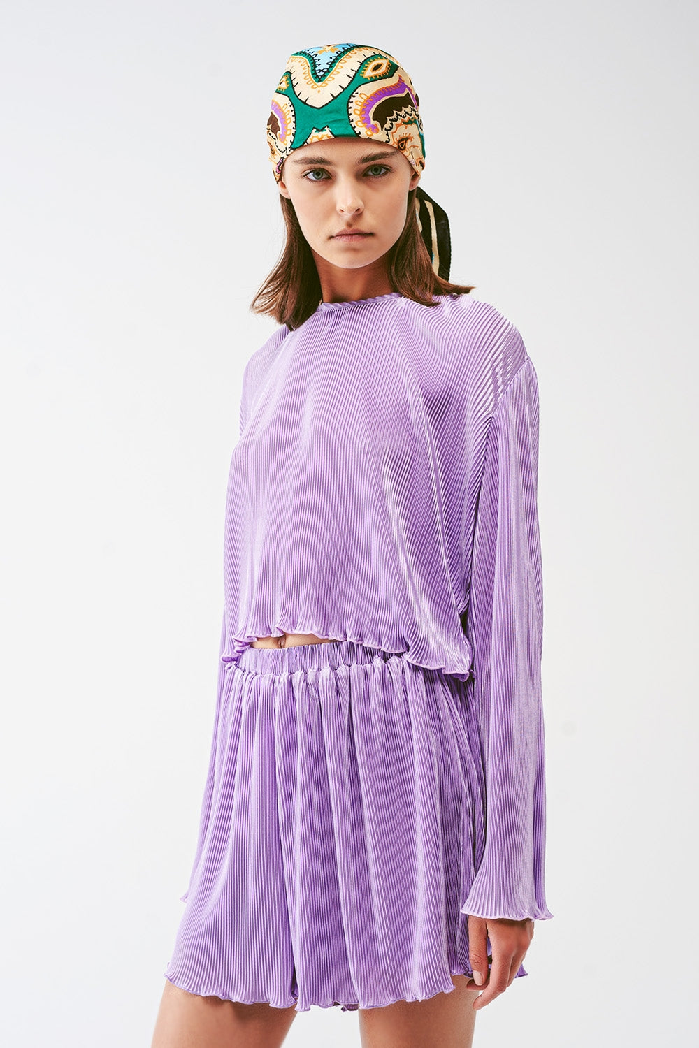 Pleated Round Neck Crop Top in lilac Q2store