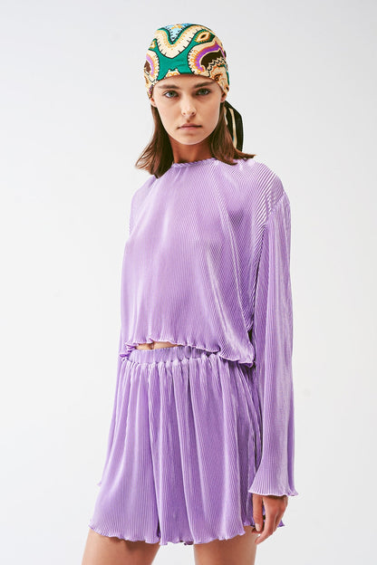 Pleated Round Neck Crop Top in lilac Q2store