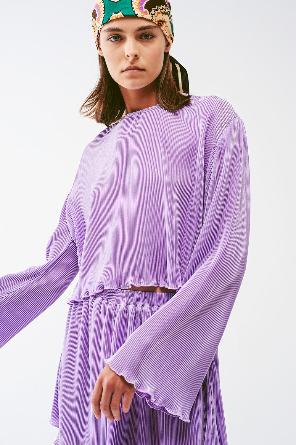 Pleated Round Neck Crop Top in lilac Q2store