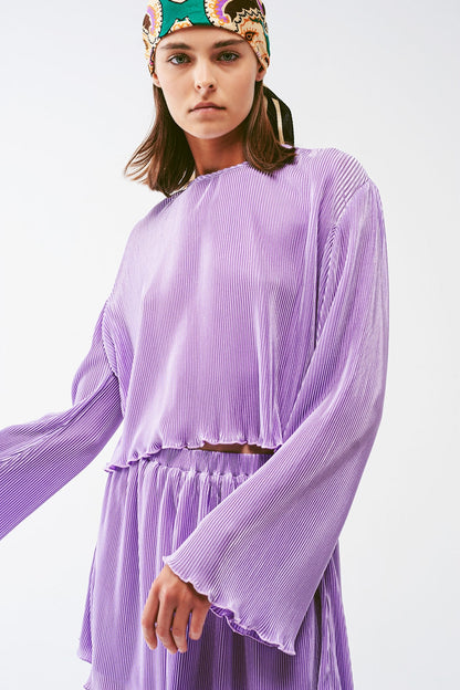 Pleated Round Neck Crop Top in lilac Q2store