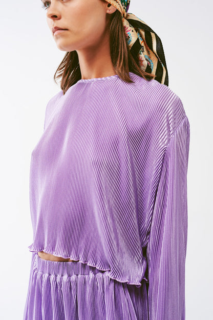 Pleated Round Neck Crop Top in lilac Q2store