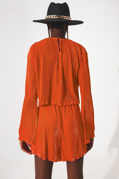 Pleated round neck crop top in orange Q2store