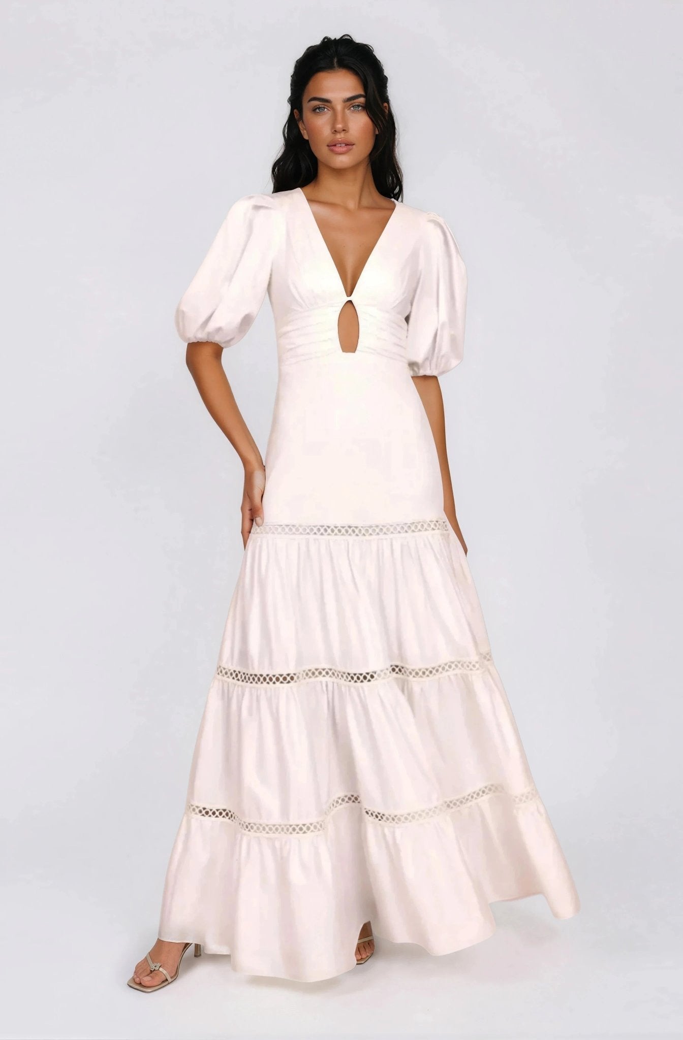 Plunge Sleeve Long Dress – White XO, Tina