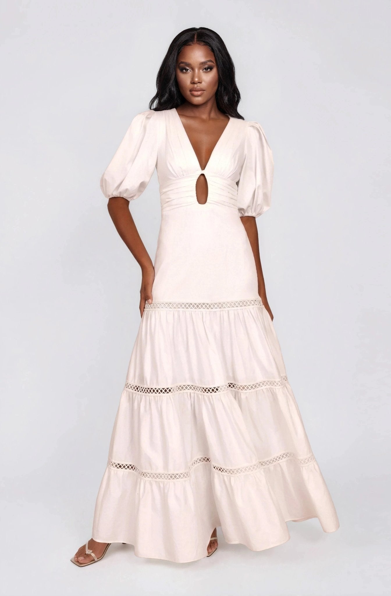Plunge Sleeve Long Dress – White XO, Tina