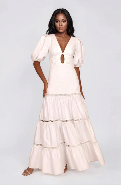 Plunge Sleeve Long Dress – White XO, Tina