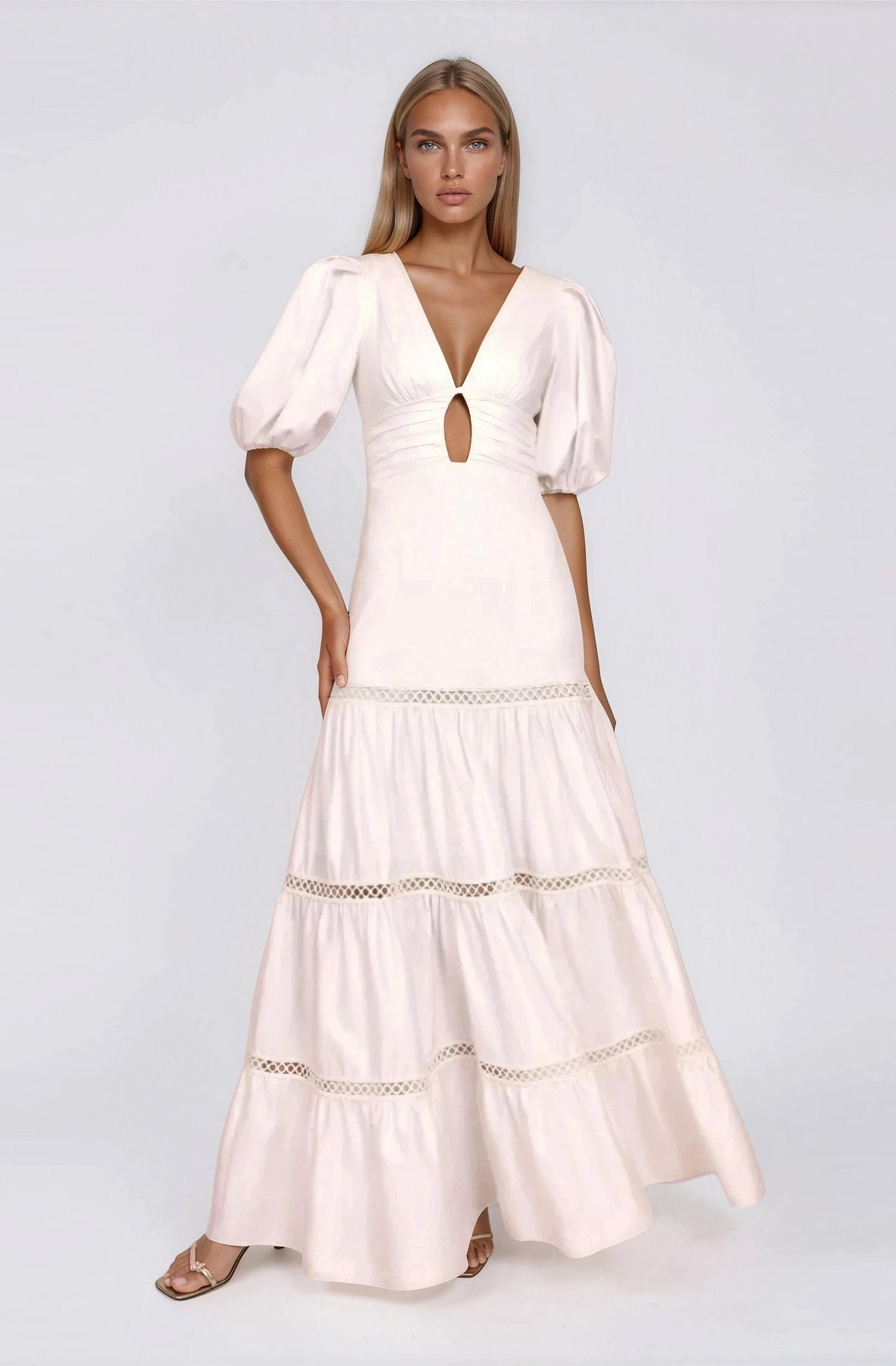 Plunge Sleeve Long Dress – White XO, Tina