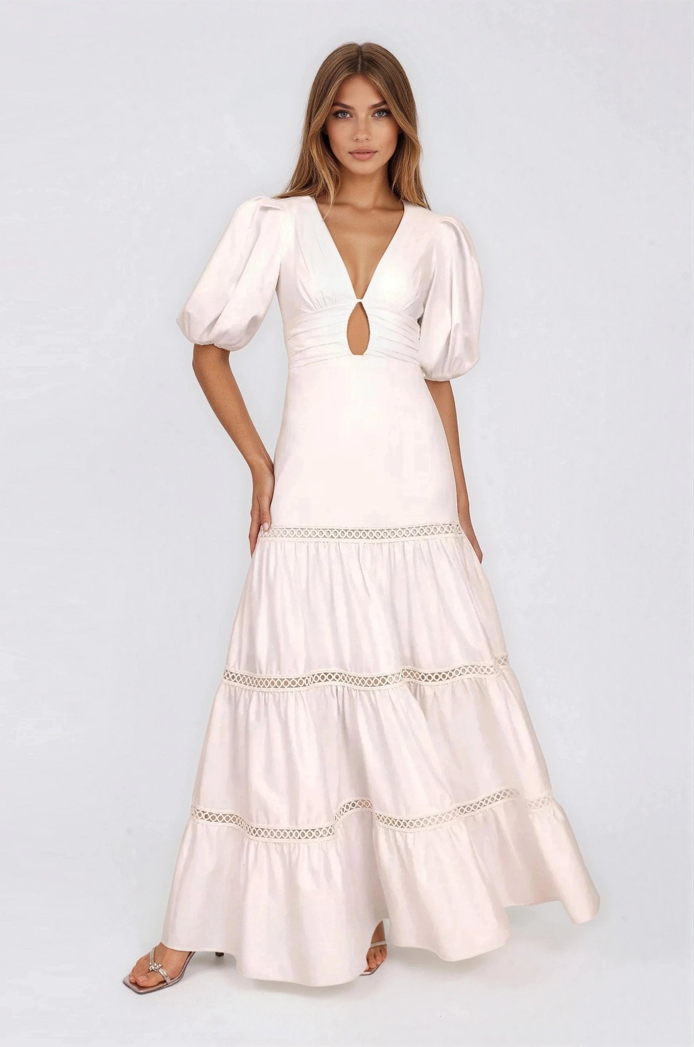 Plunge Sleeve Long Dress – White XO, Tina