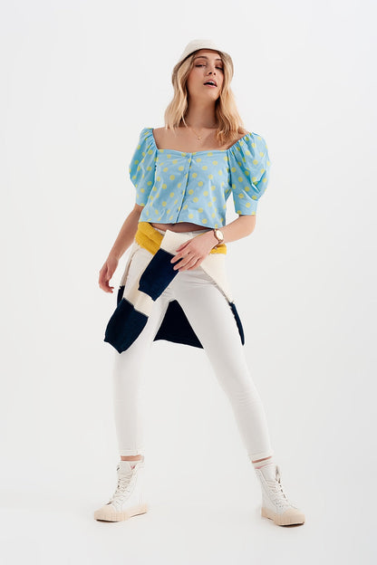 Polka dot top with puffed sleeves and square neckline blue and green Q2store
