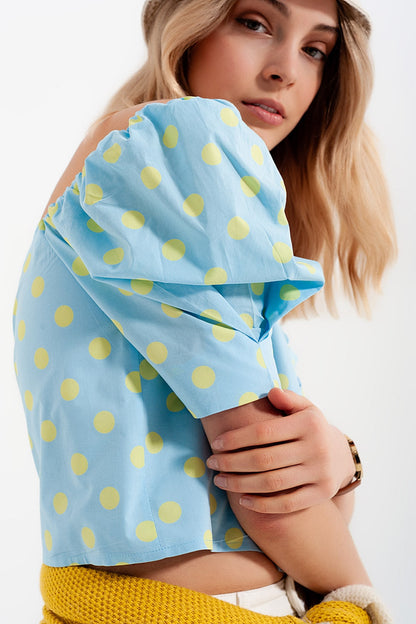 Polka dot top with puffed sleeves and square neckline blue and green Q2store