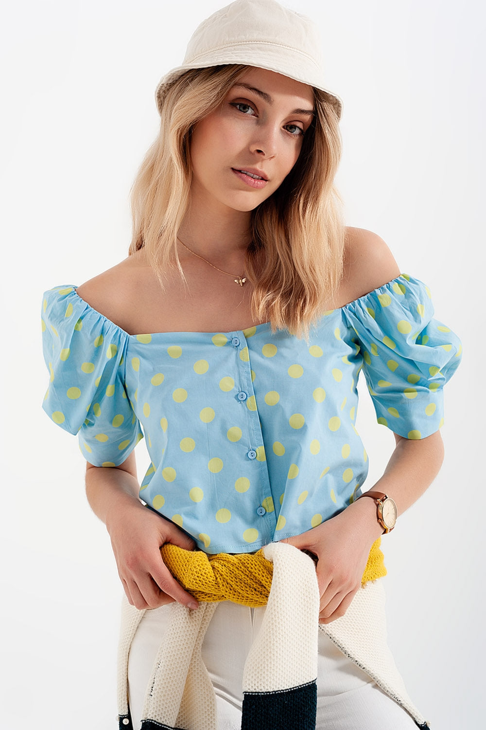 Polka dot top with puffed sleeves and square neckline blue and green Q2store