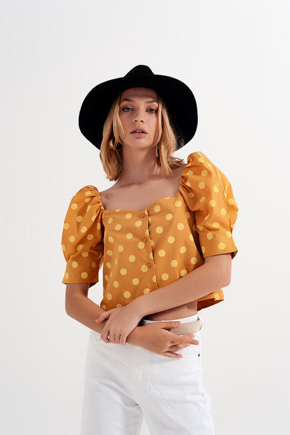 Polka dot top with puffed sleeves and square neckline in yellow Q2store