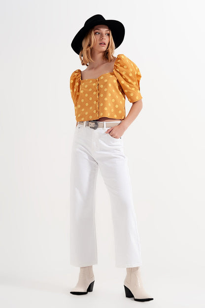 Polka dot top with puffed sleeves and square neckline in yellow Q2store