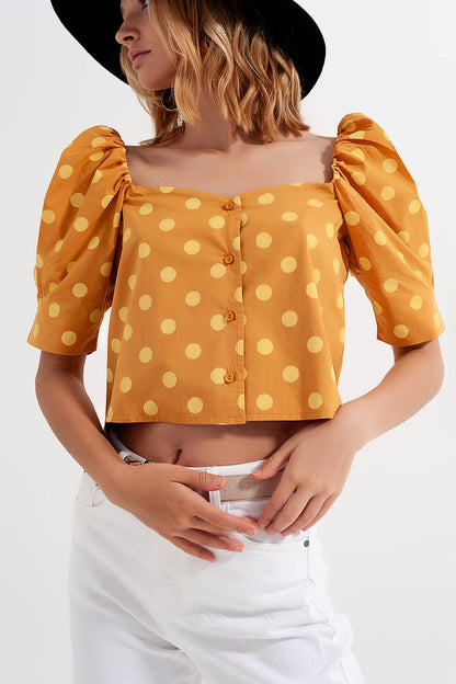 Polka dot top with puffed sleeves and square neckline in yellow Q2store