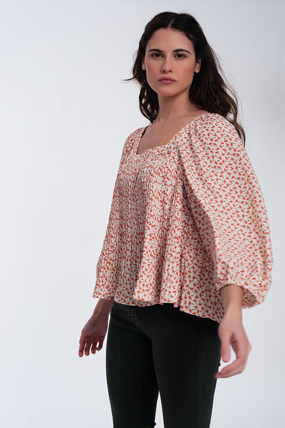 puff sleeve top with square neck in coral floral print Q2store