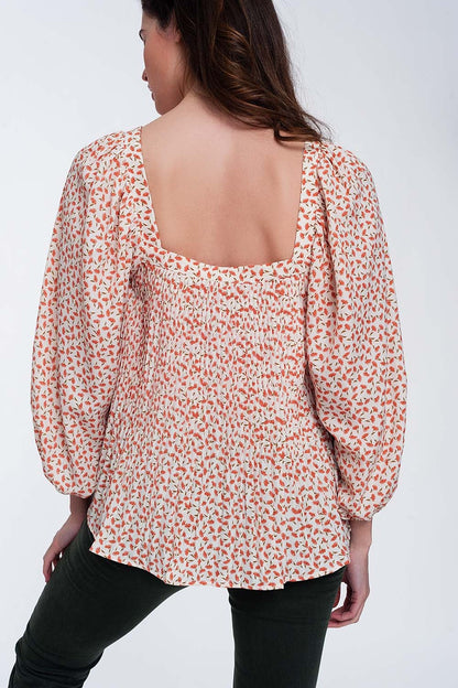 puff sleeve top with square neck in coral floral print Q2store