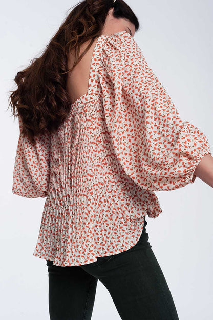puff sleeve top with square neck in coral floral print Q2store