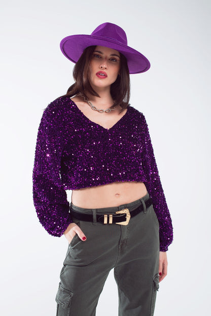 Purple sequin top with V-Neckline ballon sleeves and Open Back Q2store