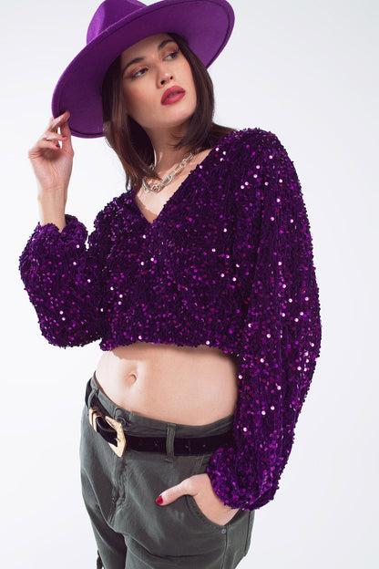 Purple sequin top with V-Neckline ballon sleeves and Open Back Q2store