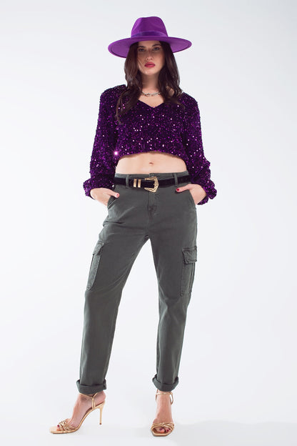 Purple sequin top with V-Neckline ballon sleeves and Open Back Q2store