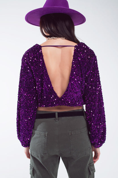 Purple sequin top with V-Neckline ballon sleeves and Open Back Q2store