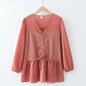 Loose Fit Drawstring V-Neck Long Sleeve Top