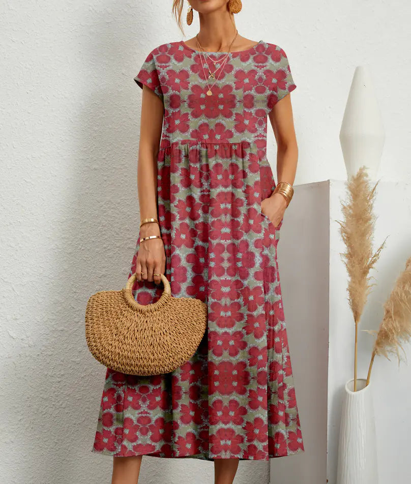 Loose Cotton Linen Sleeveless Printed Summer Dress
