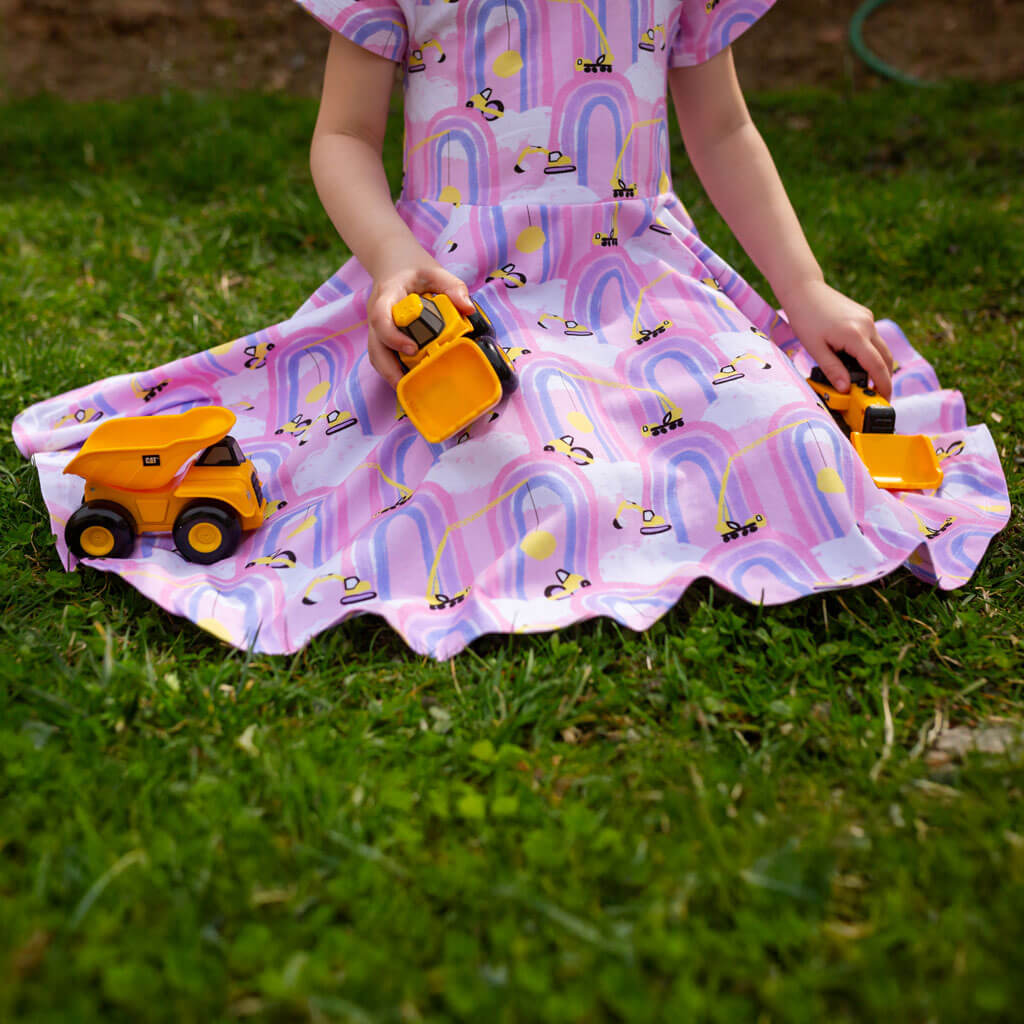 "Rainbow Roadwork" Construction Trucks Super Twirler Dress with Pockets Princess Awesome & Boy Wonder