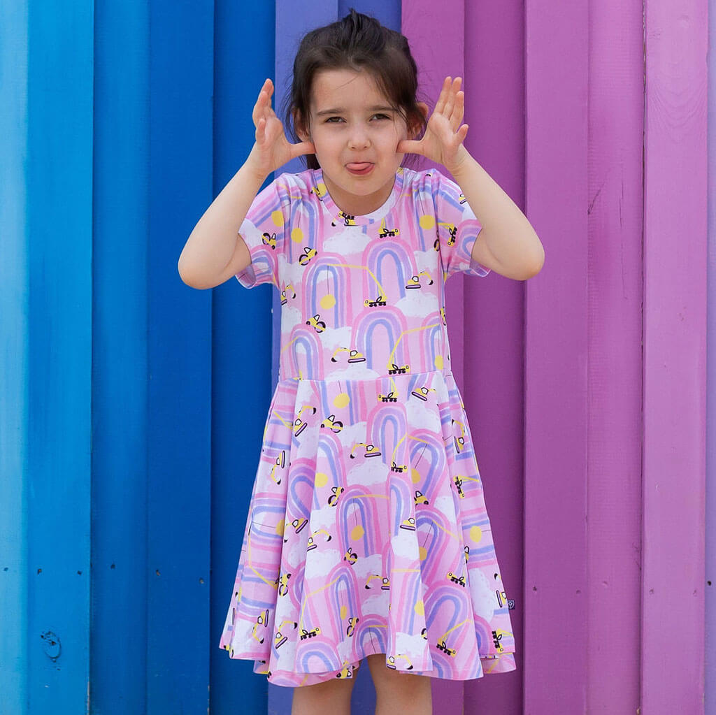 "Rainbow Roadwork" Construction Trucks Super Twirler Dress with Pockets Princess Awesome & Boy Wonder