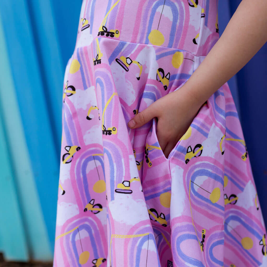 "Rainbow Roadwork" Construction Trucks Super Twirler Dress with Pockets Princess Awesome & Boy Wonder