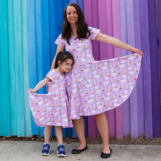 Adult "Rainbow Roadwork" Construction Trucks Super Twirler Dress with Pockets Princess Awesome & Boy Wonder