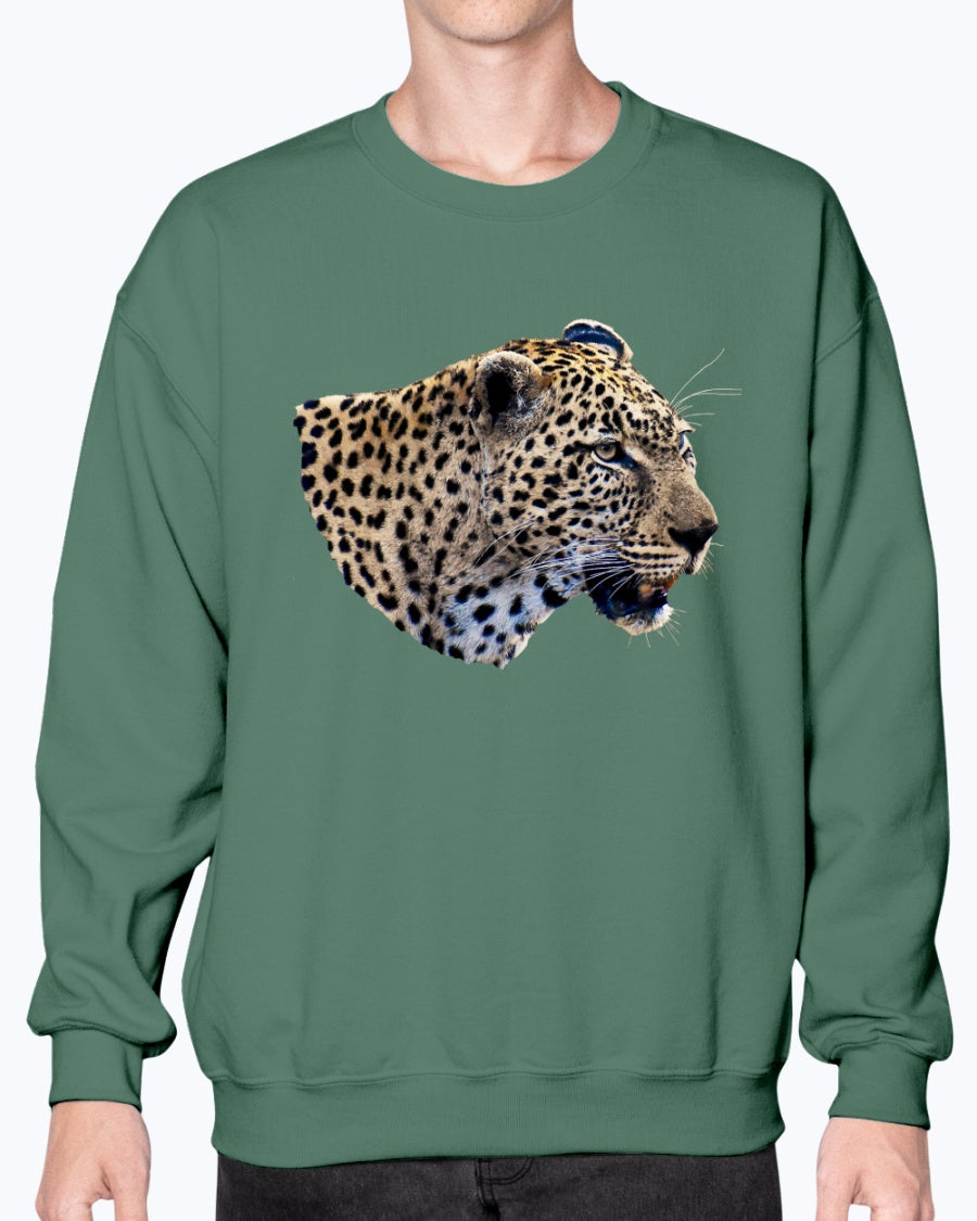 Leopard's Smile, Nature Lover's Cozy Apparel, cat lovers, wildlife fans, Moss Apparel, Unisex Crewneck Sweatshirt Moss Apparel