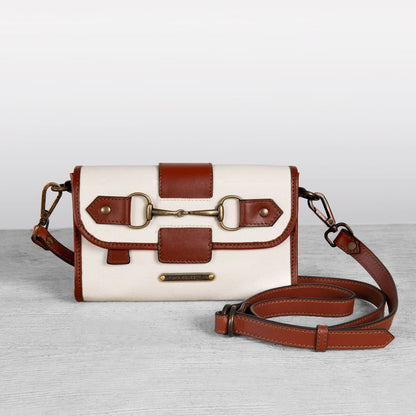 Dalton - Horse Bit Crossbody Luxury Leather Handbag in Cognac on Ivory Urban-Equestrian
