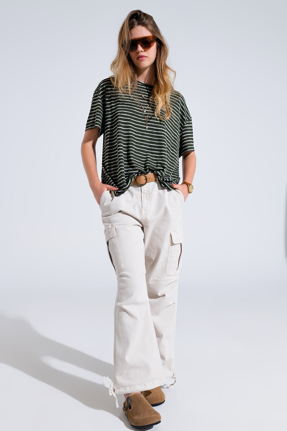 Relaxed Striped T-shirt With Crew Neckline In Khaki Q2store