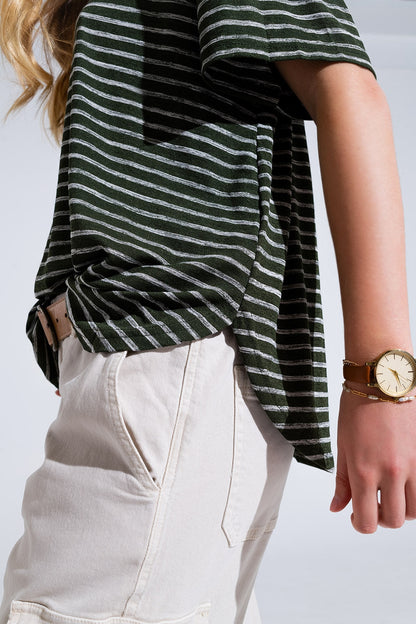Relaxed Striped T-shirt With Crew Neckline In Khaki Q2store