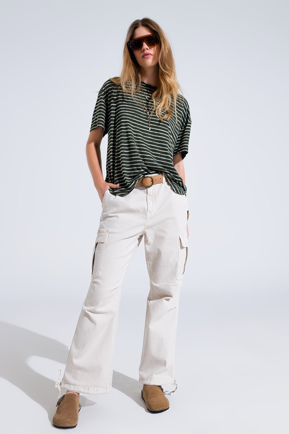 Relaxed Striped T-shirt With Crew Neckline In Khaki Q2store