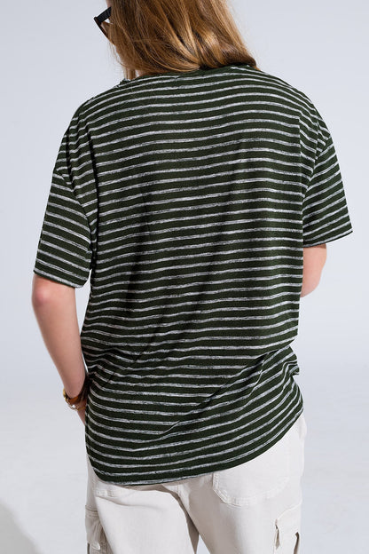 Relaxed Striped T-shirt With Crew Neckline In Khaki Q2store