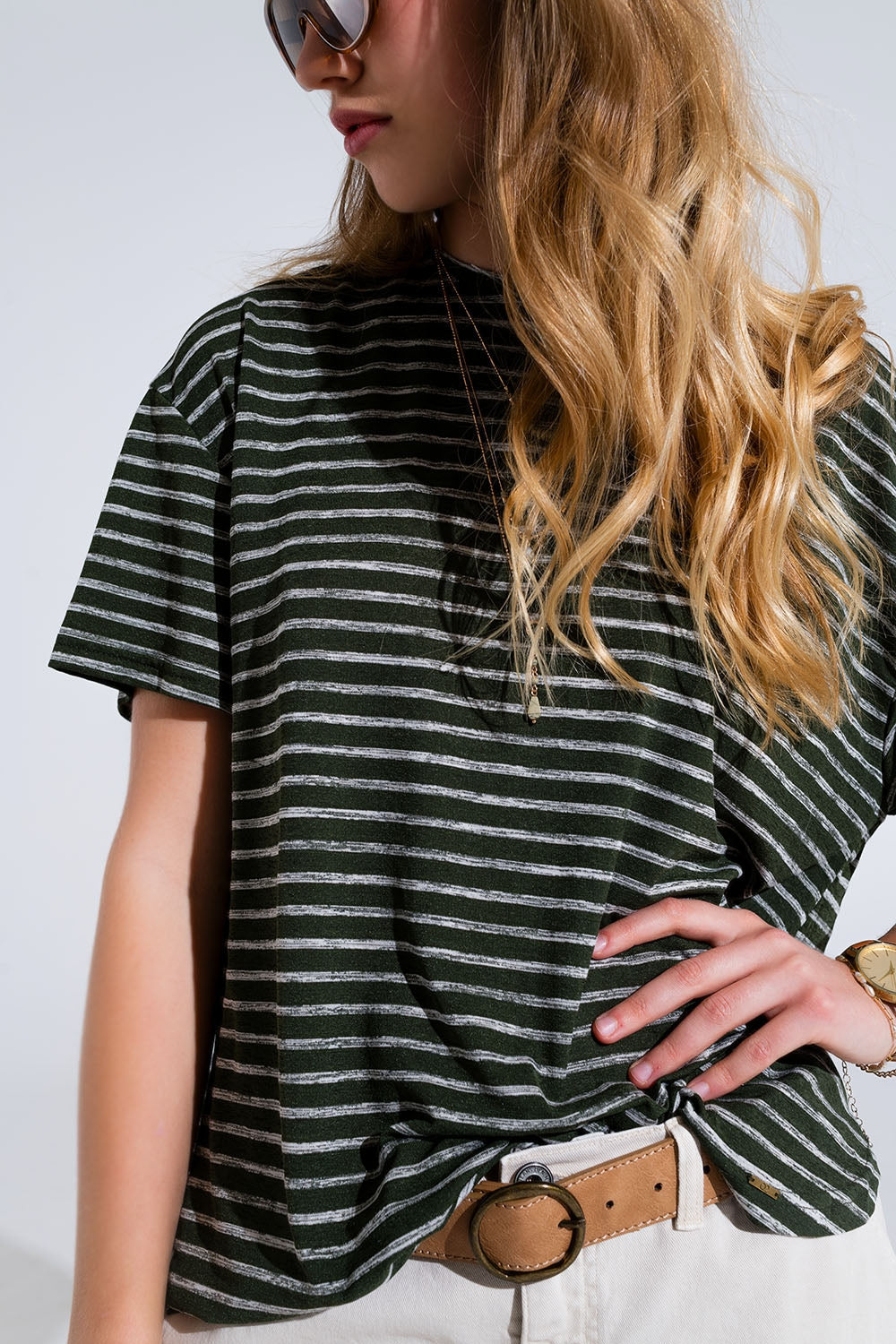 Relaxed Striped T-shirt With Crew Neckline In Khaki Q2store