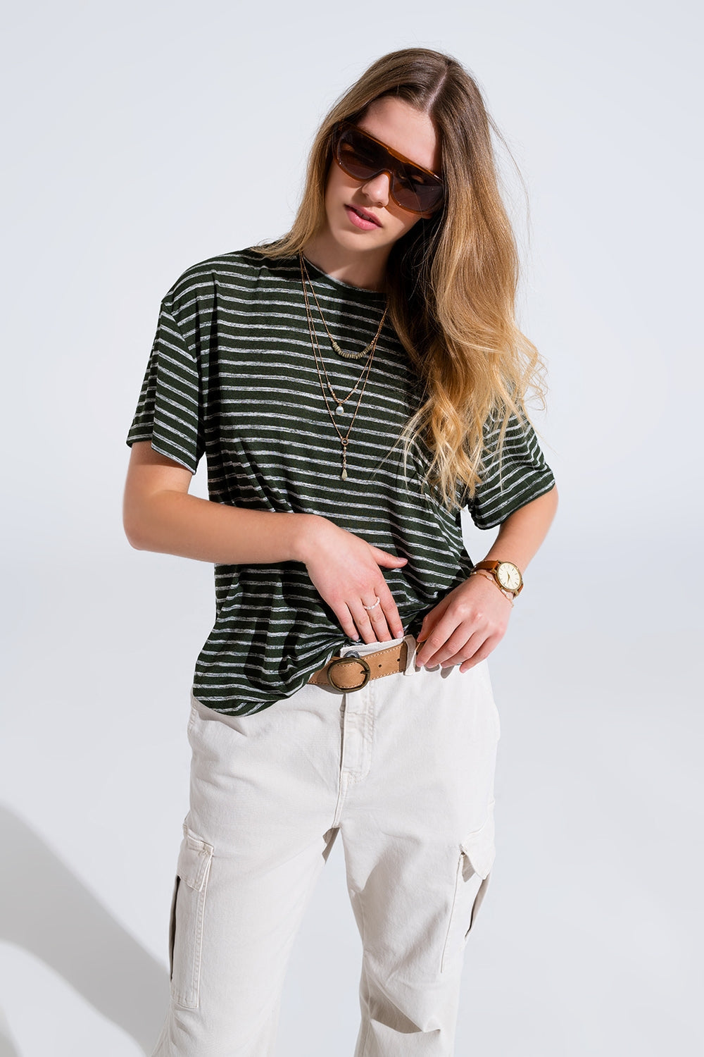 Relaxed Striped T-shirt With Crew Neckline In Khaki Q2store