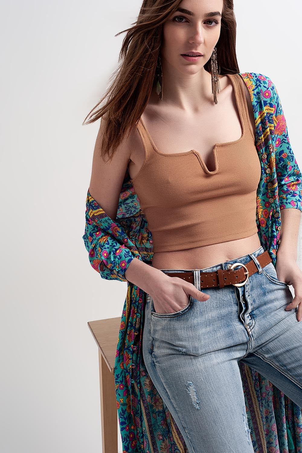 Rib crop top in beige Q2store
