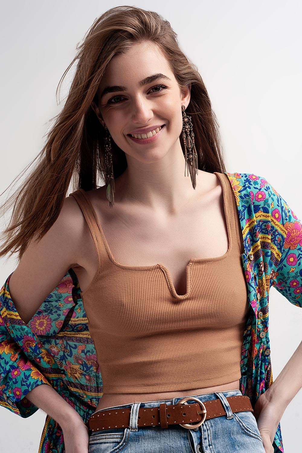 Rib crop top in beige Q2store
